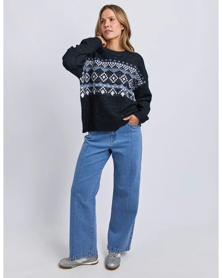 Foxwood Panorama Knit - Navy | Cosy Intarsia Pattern Relaxed Winter Knit