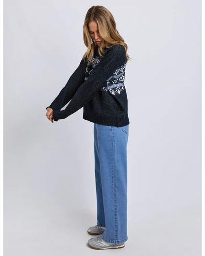 Foxwood Panorama Knit - Navy | Cosy Intarsia Pattern Relaxed Winter Knit
