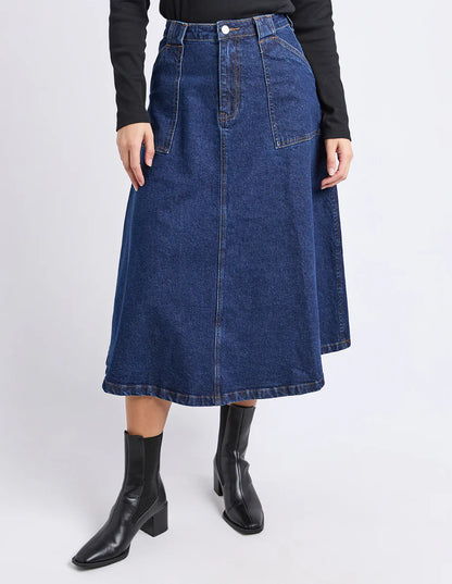 Foxwood Potter Skirt - Indigo | Women’s Stretch Cotton Midi Denim Skirt