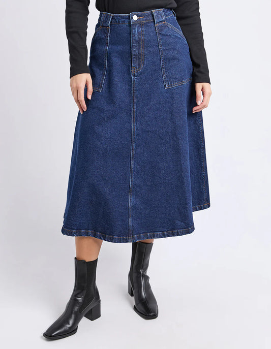 Foxwood Potter Skirt - Indigo | Women’s Stretch Cotton Midi Denim Skirt