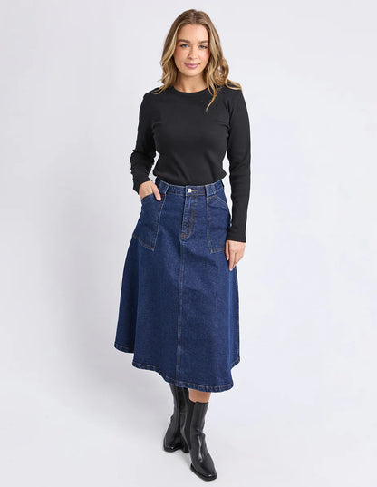 Foxwood Potter Skirt - Indigo | Women’s Stretch Cotton Midi Denim Skirt