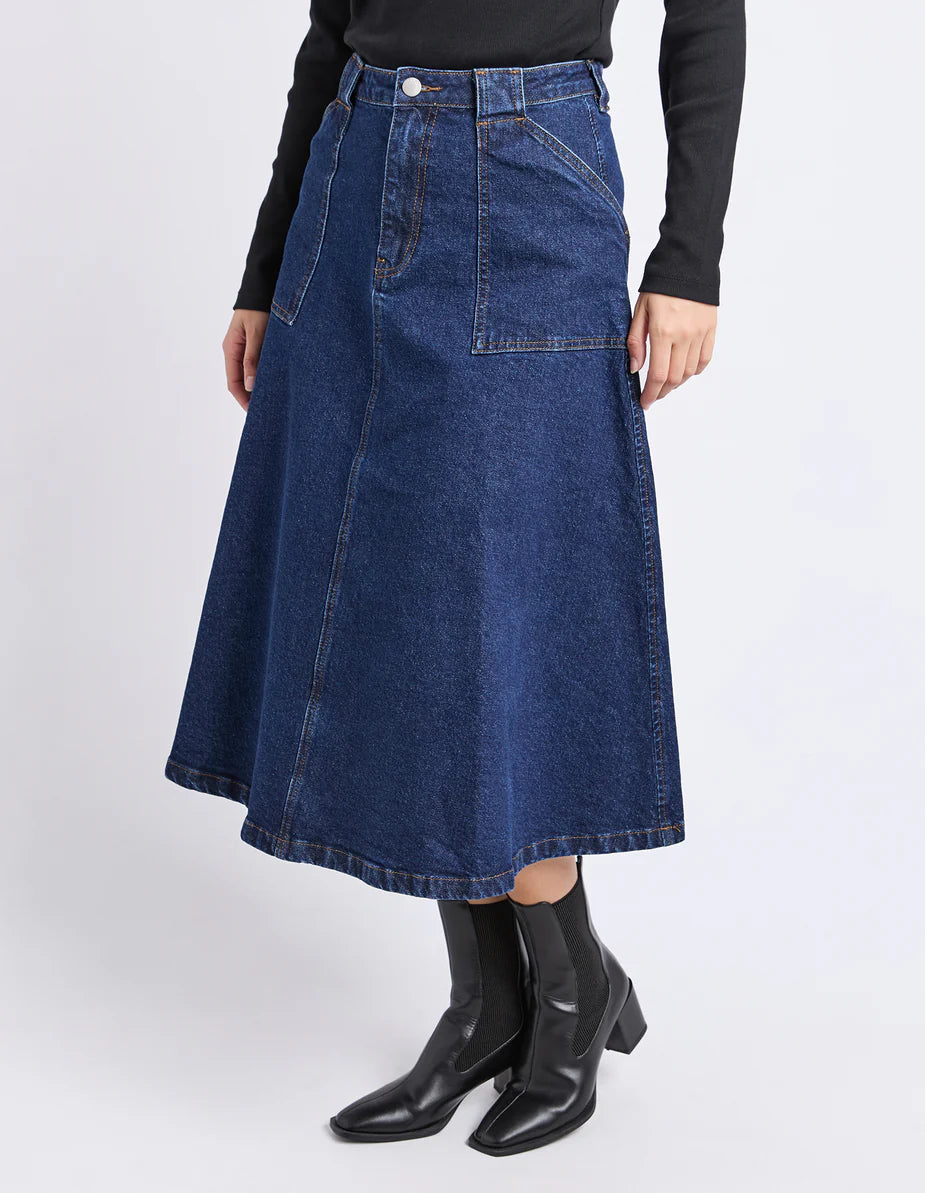Foxwood Potter Skirt - Indigo | Women’s Stretch Cotton Midi Denim Skirt
