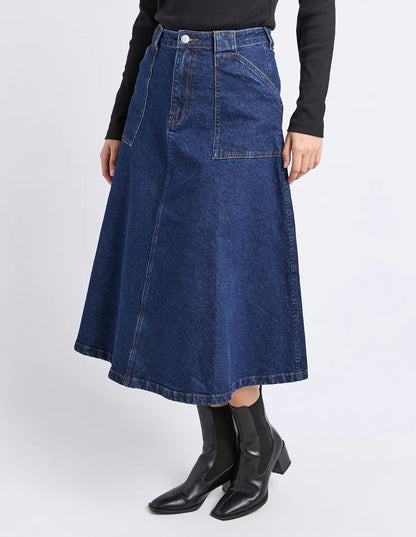 Foxwood Potter Skirt - Indigo | Women’s Stretch Cotton Midi Denim Skirt