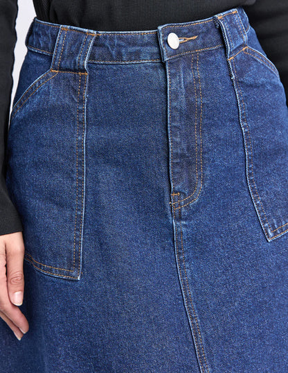 Foxwood Potter Skirt - Indigo | Women’s Stretch Cotton Midi Denim Skirt