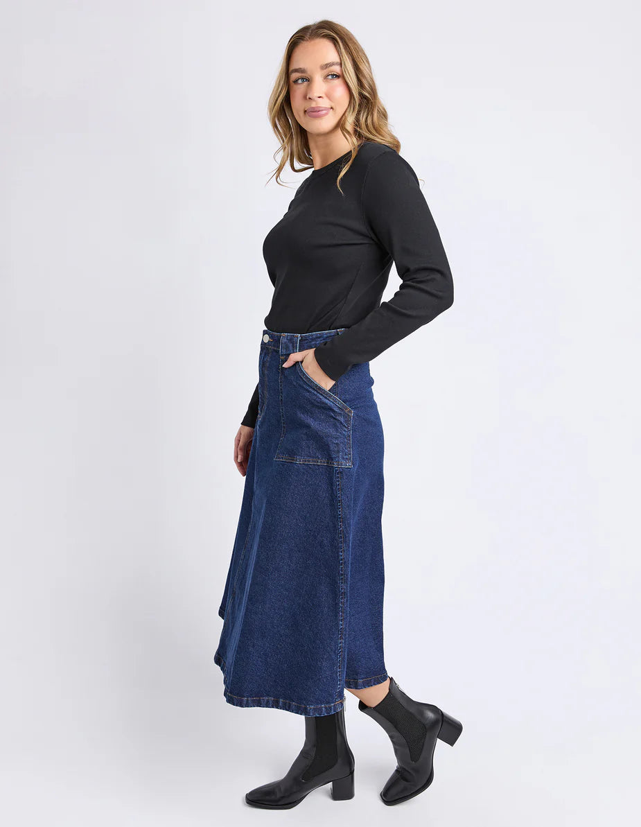 Foxwood Potter Skirt - Indigo | Women’s Stretch Cotton Midi Denim Skirt