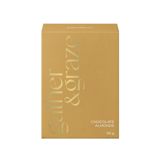 Gather & Graze chocolate almonds packaging on a white background
