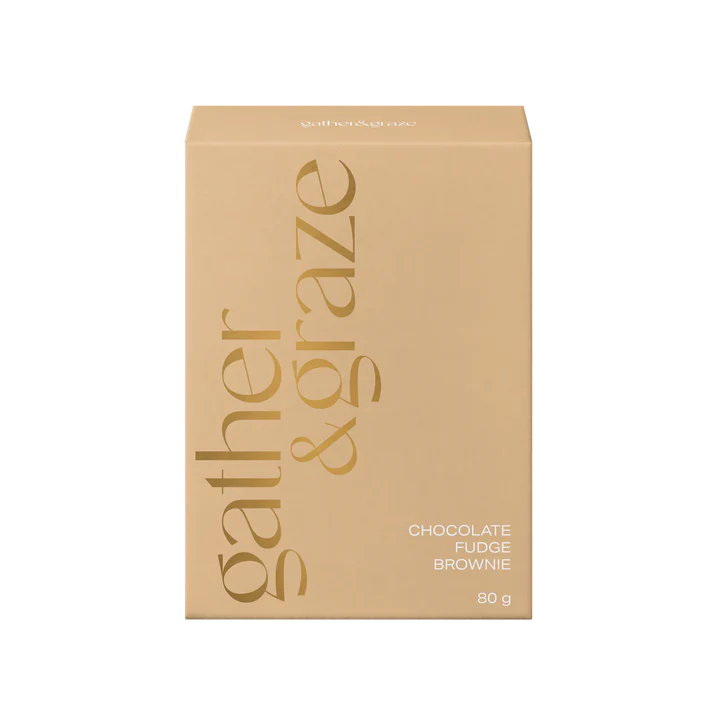 Beige box of 'gather & graze' chocolate fudge brownie on a white background