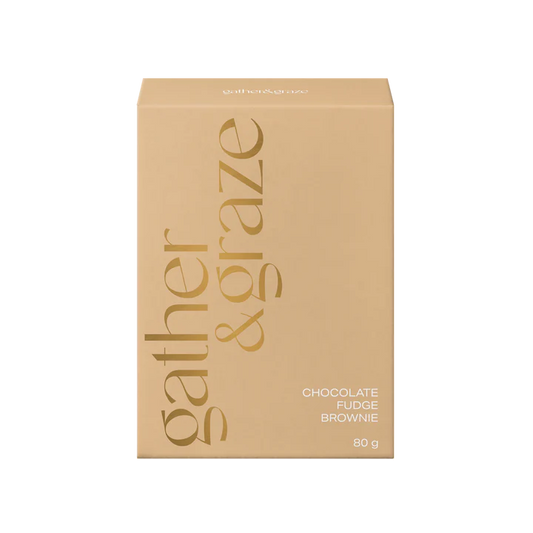 Beige box of 'gather & graze' chocolate fudge brownie on a white background