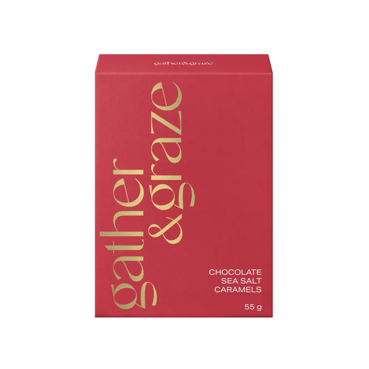 Red box of Gather & Graze chocolate sea salt caramels on a white background