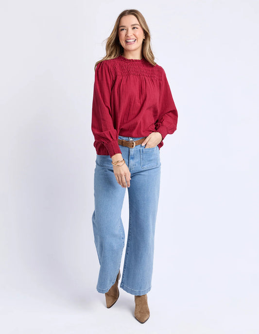 Foxwood Whitney Top - Rhubarb Red | Women’s Cotton Shirred Top