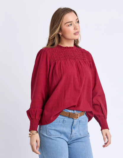 Foxwood Whitney Top - Rhubarb Red | Women’s Cotton Shirred Top