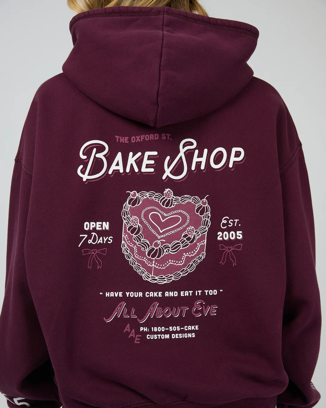 All About Eve Bake Shop Box Hoodie - Wine | Women’s Graphic Hoodie