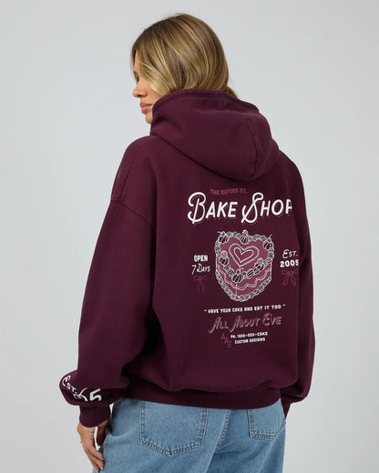 All About Eve Bake Shop Box Hoodie - Wine | Women’s Graphic Hoodie