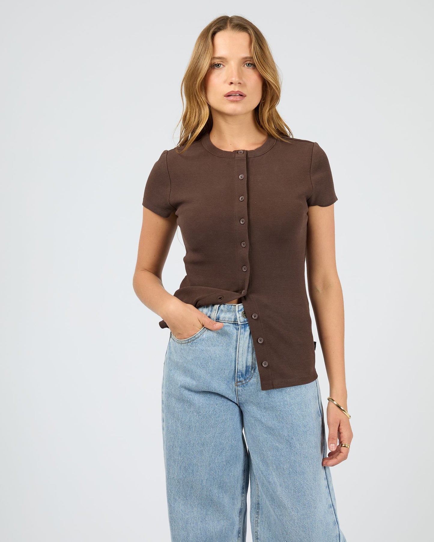 Silent Theory Button Up Short Sleeve Tee - Chocolate | Women’s Ribbed Everyday T-Shirt