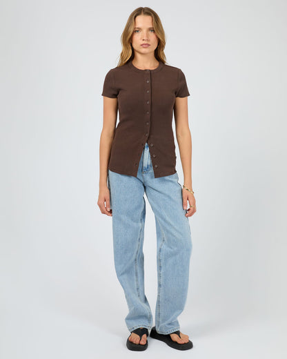 Silent Theory Button Up Short Sleeve Tee - Chocolate | Women’s Ribbed Everyday T-Shirt