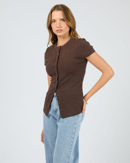 Silent Theory Button Up Short Sleeve Tee - Chocolate | Women’s Ribbed Everyday T-Shirt