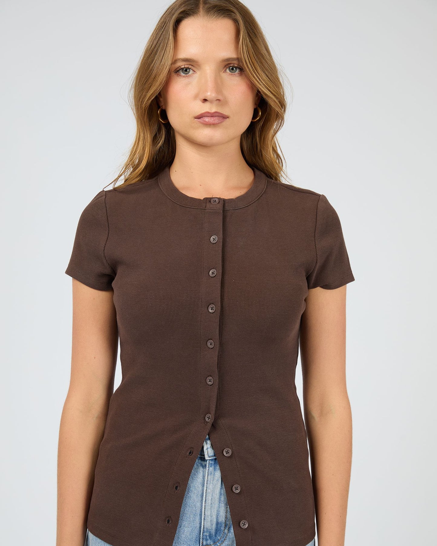 Silent Theory Button Up Short Sleeve Tee - Chocolate | Women’s Ribbed Everyday T-Shirt
