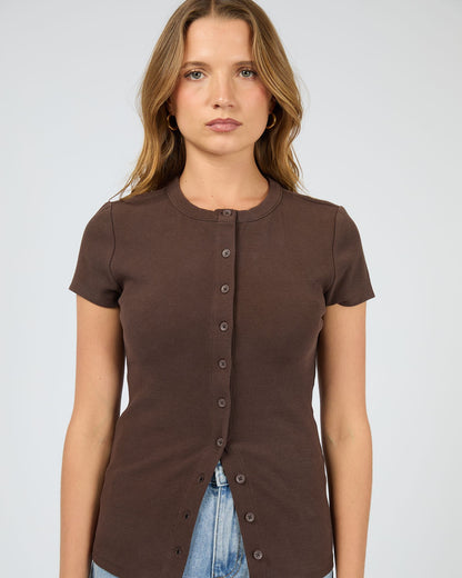 Silent Theory Button Up Short Sleeve Tee - Chocolate | Women’s Ribbed Everyday T-Shirt