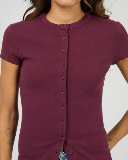 Silent Theory Button Up Short Sleeve Tee - Cherry | Women’s Ribbed Everyday T-Shirt