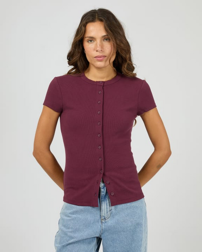 Silent Theory Button Up Short Sleeve Tee - Cherry | Women’s Ribbed Everyday T-Shirt