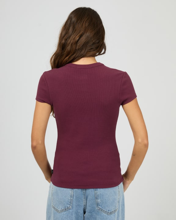 Silent Theory Button Up Short Sleeve Tee - Cherry | Women’s Ribbed Everyday T-Shirt