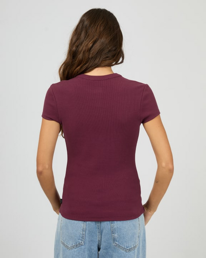 Silent Theory Button Up Short Sleeve Tee - Cherry | Women’s Ribbed Everyday T-Shirt