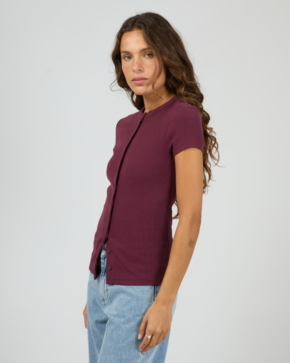 Silent Theory Button Up Short Sleeve Tee - Cherry | Women’s Ribbed Everyday T-Shirt