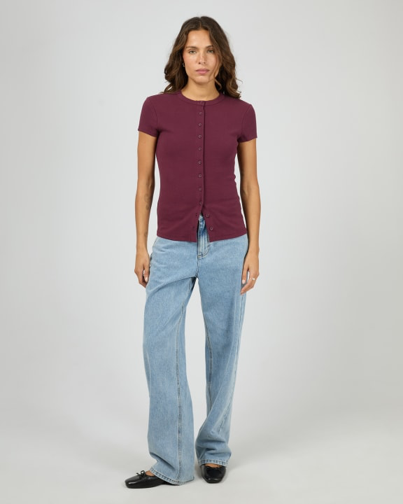 Silent Theory Button Up Short Sleeve Tee - Cherry | Women’s Ribbed Everyday T-Shirt
