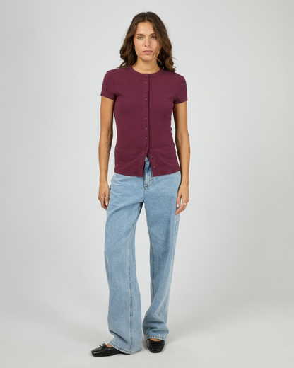Silent Theory Button Up Short Sleeve Tee - Cherry | Women’s Ribbed Everyday T-Shirt
