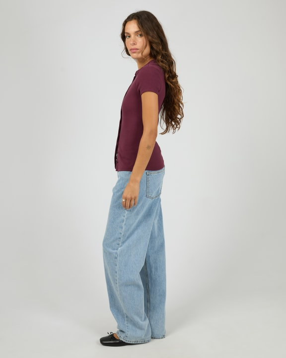 Silent Theory Button Up Short Sleeve Tee - Cherry | Women’s Ribbed Everyday T-Shirt