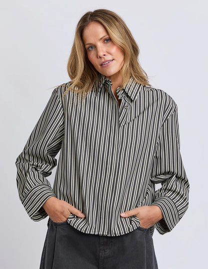Foxwood Ramona Crop Shirt - Charcoal & White Stripe | Women's Relaxed Cropped Striped Shirt
