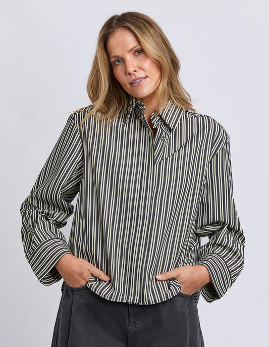 Foxwood Ramona Crop Shirt - Charcoal & White Stripe | Women's Relaxed Cropped Striped Shirt