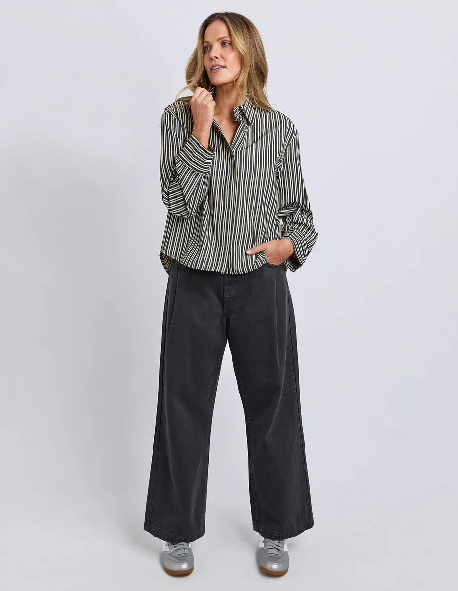 Foxwood Ramona Crop Shirt - Charcoal & White Stripe | Women's Relaxed Cropped Striped Shirt