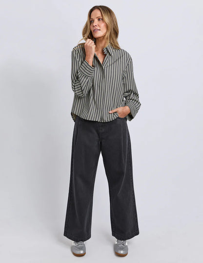 Foxwood Ramona Crop Shirt - Charcoal & White Stripe | Women's Relaxed Cropped Striped Shirt
