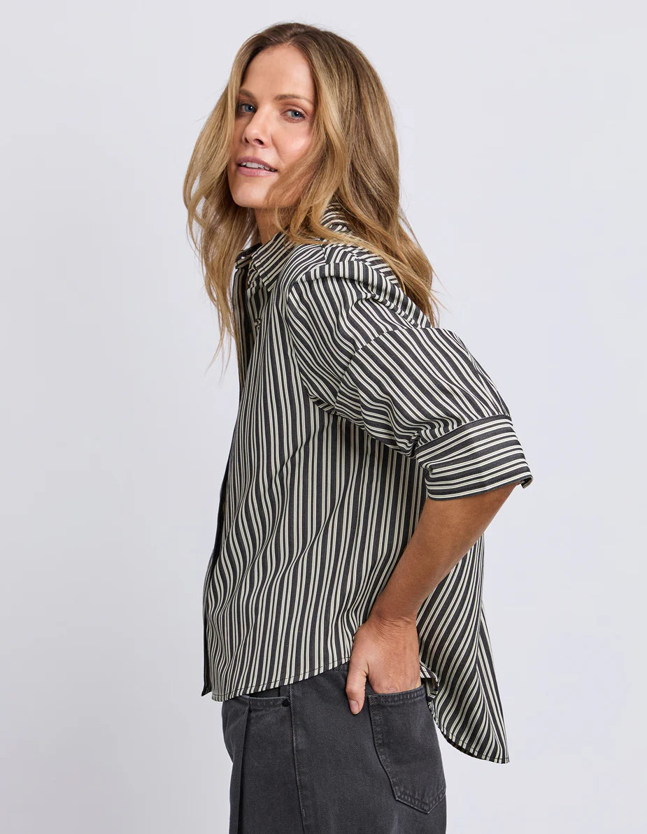 Foxwood Ramona Crop Shirt - Charcoal & White Stripe | Women's Relaxed Cropped Striped Shirt
