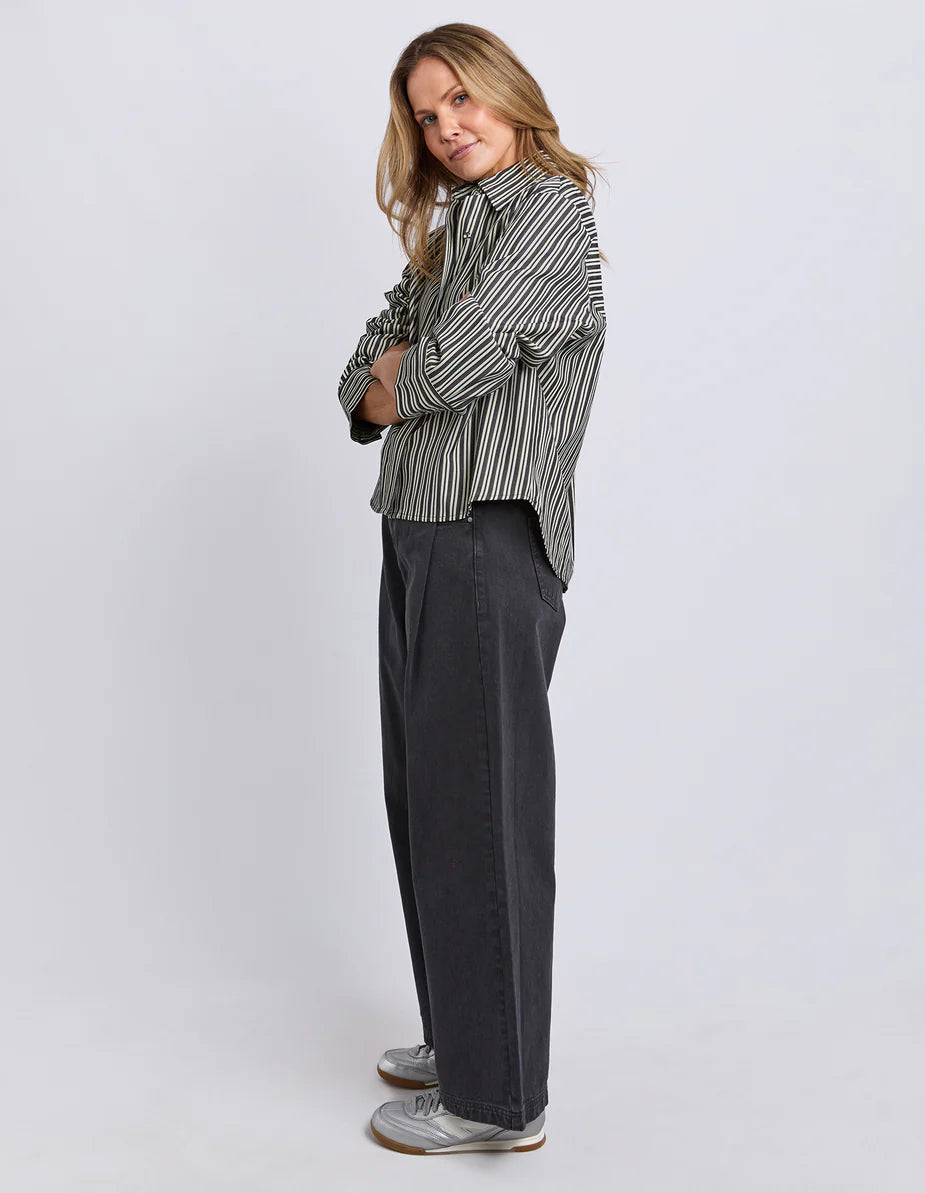 Foxwood Ramona Crop Shirt - Charcoal & White Stripe | Women's Relaxed Cropped Striped Shirt