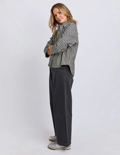 Foxwood Ramona Crop Shirt - Charcoal & White Stripe | Women's Relaxed Cropped Striped Shirt