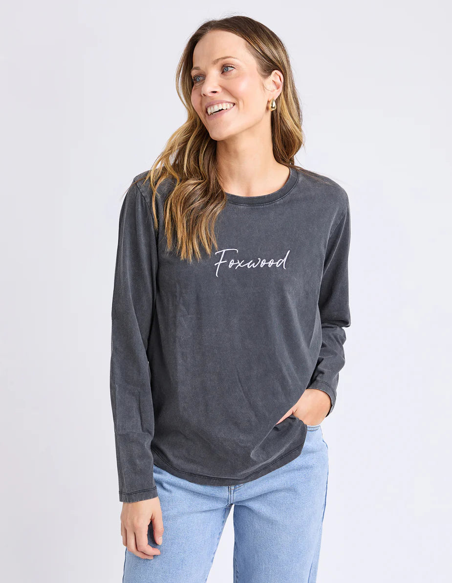 Foxwood Signature Long Sleeve Tee - Washed Black | Women’s Everyday Layering Essential