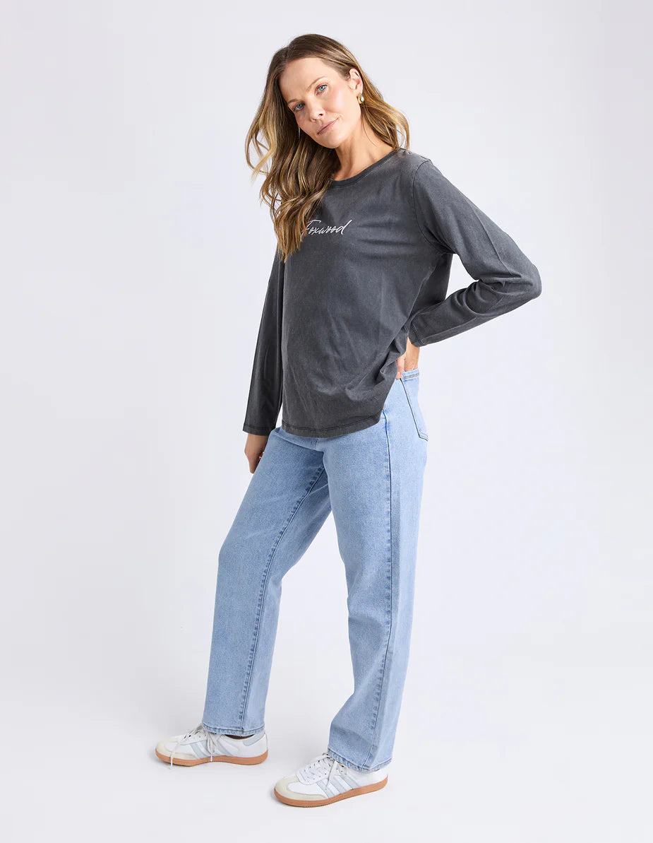 Foxwood Signature Long Sleeve Tee - Washed Black | Women’s Everyday Layering Essential