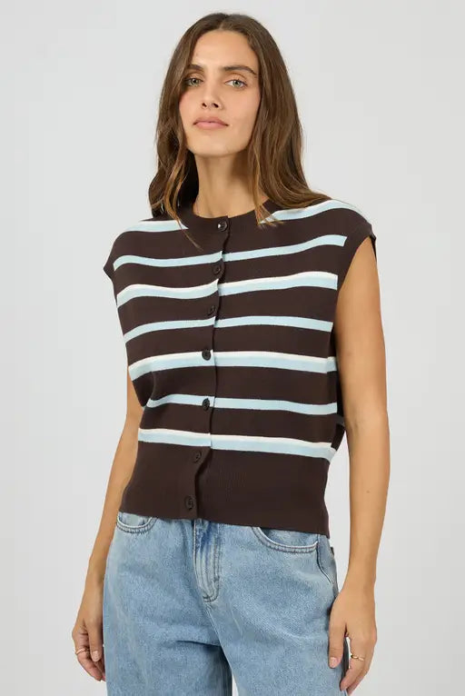 Silent Theory Anita Knit Vest - Chocolate | Stripe Button Front Knit Top