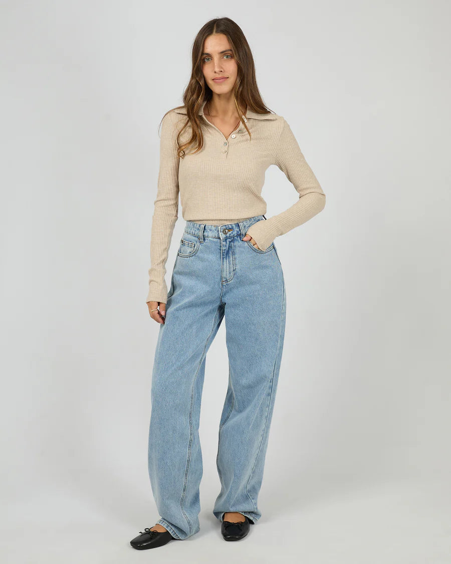 Silent Theory Aria Ribbed Long Sleeve Knit Top - Oat | Women’s Soft Layering Long Sleeve Top
