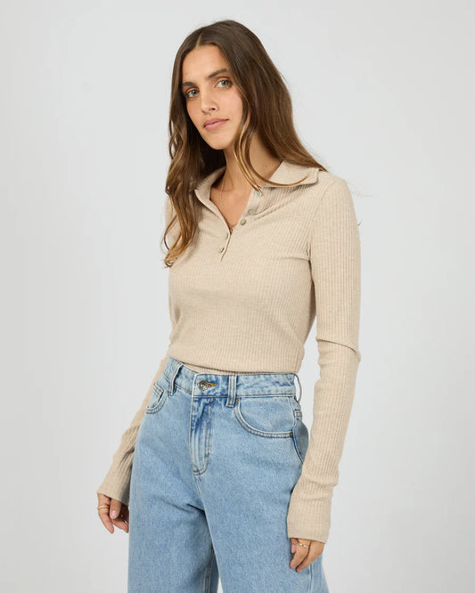 Silent Theory Aria Ribbed Long Sleeve Knit Top - Oat | Women’s Soft Layering Long Sleeve Top