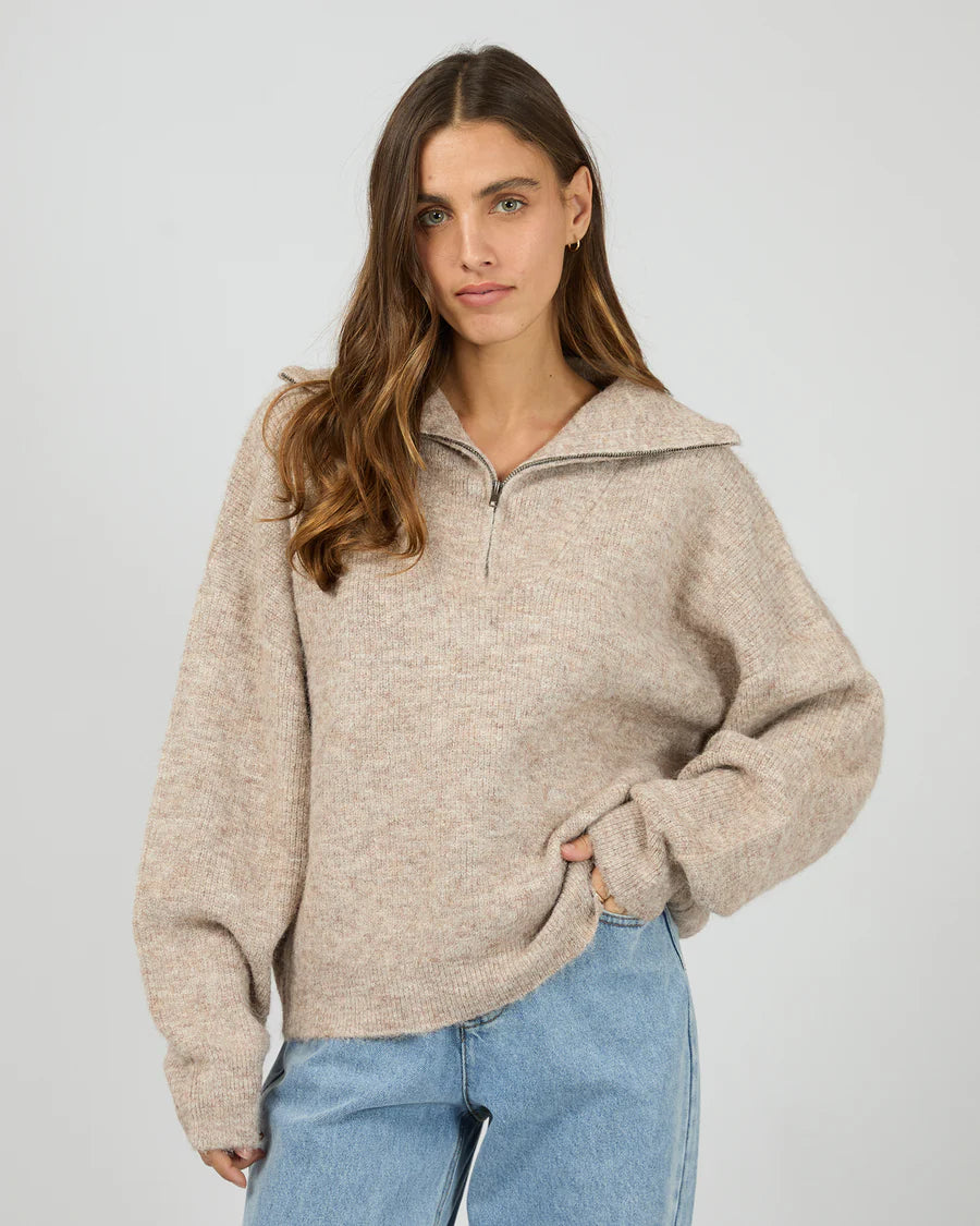 Silent Theory Bonni Knit Quarter Zip Jumper - Brown | Women's Quarter Zip Sweater