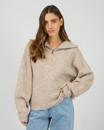 Silent Theory Bonni Knit Quarter Zip Jumper - Brown | Women's Quarter Zip Sweater