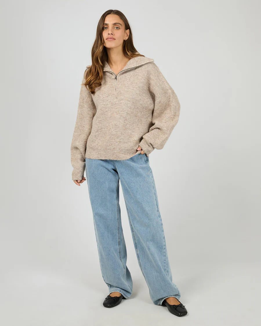 Silent Theory Bonni Knit Quarter Zip Jumper - Brown | Women's Quarter Zip Sweater