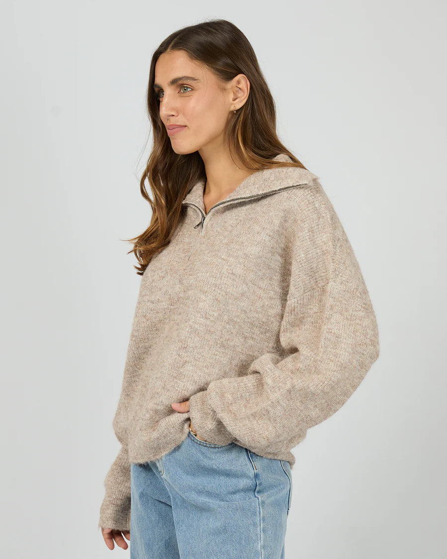 Silent Theory Bonni Knit Quarter Zip Jumper - Brown | Women's Quarter Zip Sweater