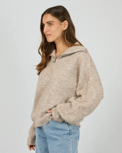 Silent Theory Bonni Knit Quarter Zip Jumper - Brown | Women's Quarter Zip Sweater