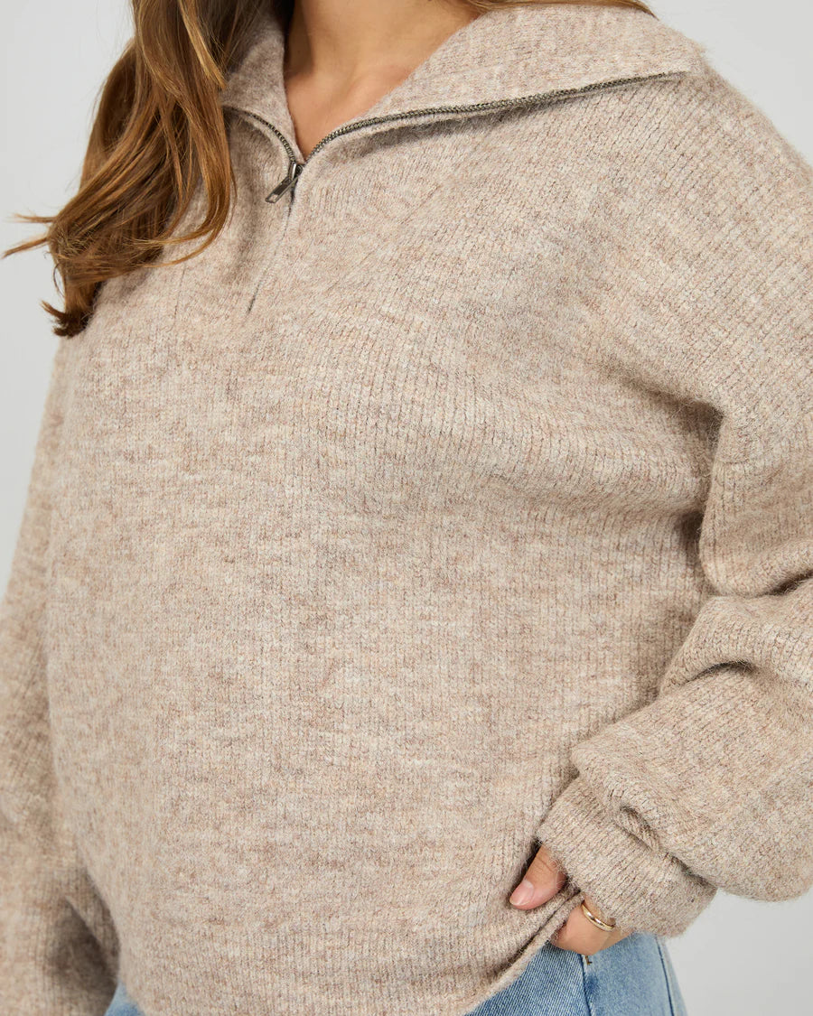 Silent Theory Bonni Knit Quarter Zip Jumper - Brown | Women's Quarter Zip Sweater