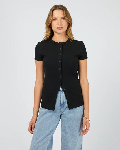 Silent Theory Button Up Short Sleeve Tee - Black | Women’s Ribbed Everyday T-Shirt