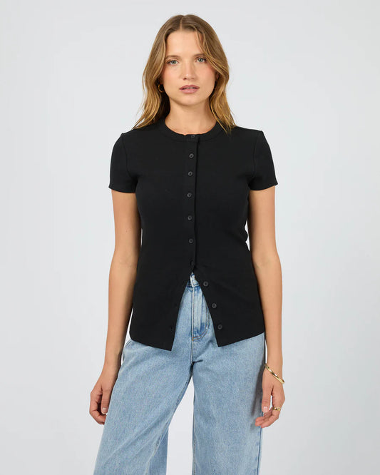 Silent Theory Button Up Short Sleeve Tee - Black | Women’s Ribbed Everyday T-Shirt